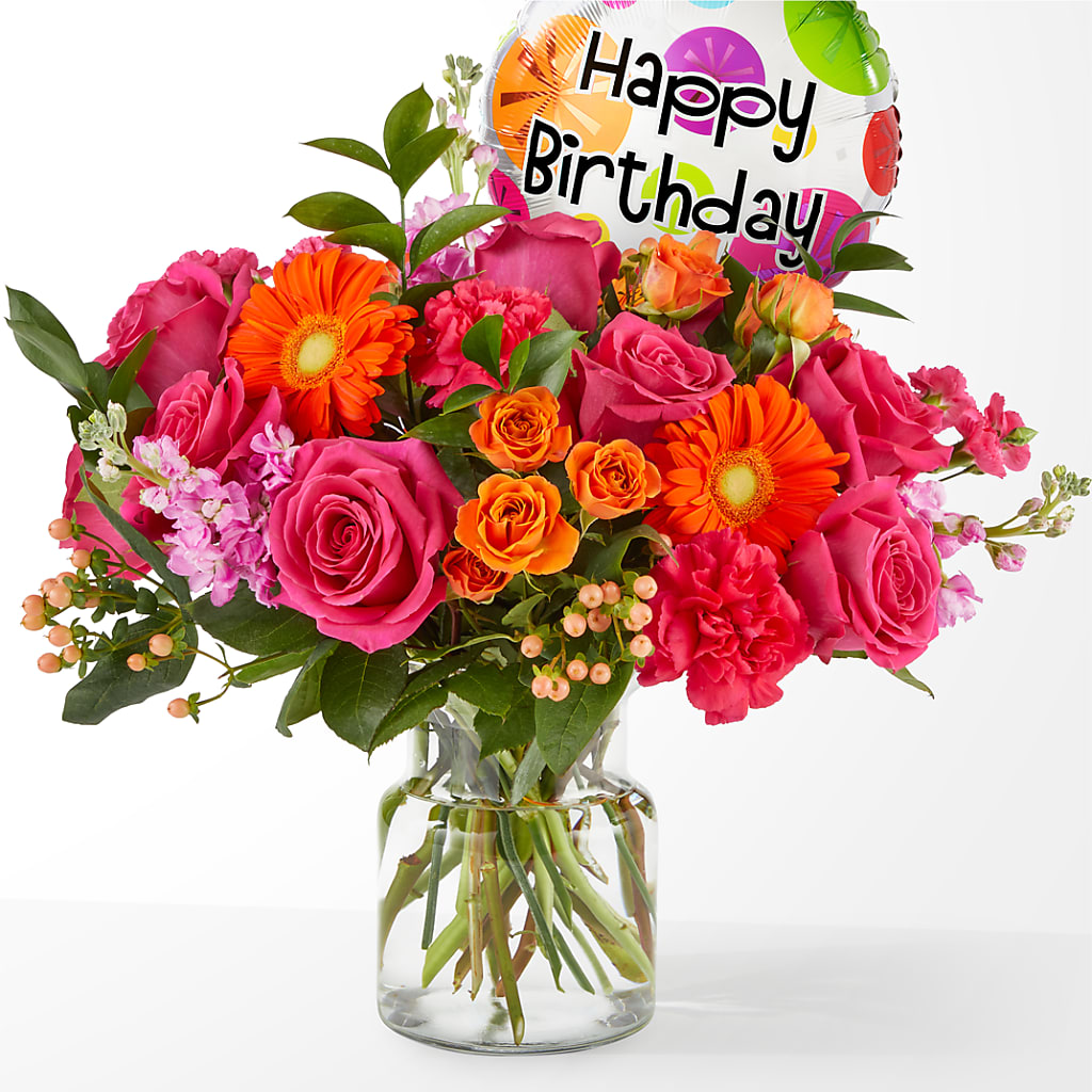 Fiesta Bouquet with Birthday Balloon – Morgan Hill Florist, San Jose CA