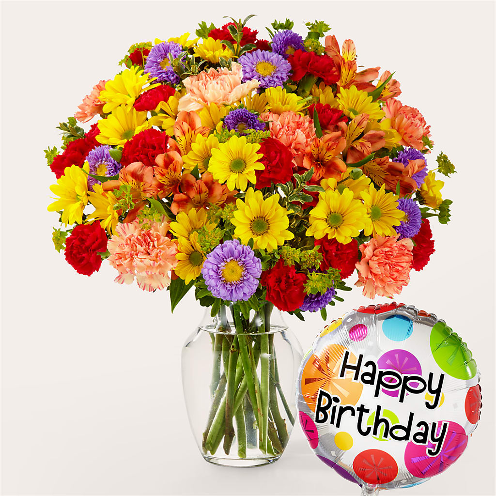 Kaleidoscope Bouquet with Birthday Balloon – Morgan Hill Florist, San Jose CA