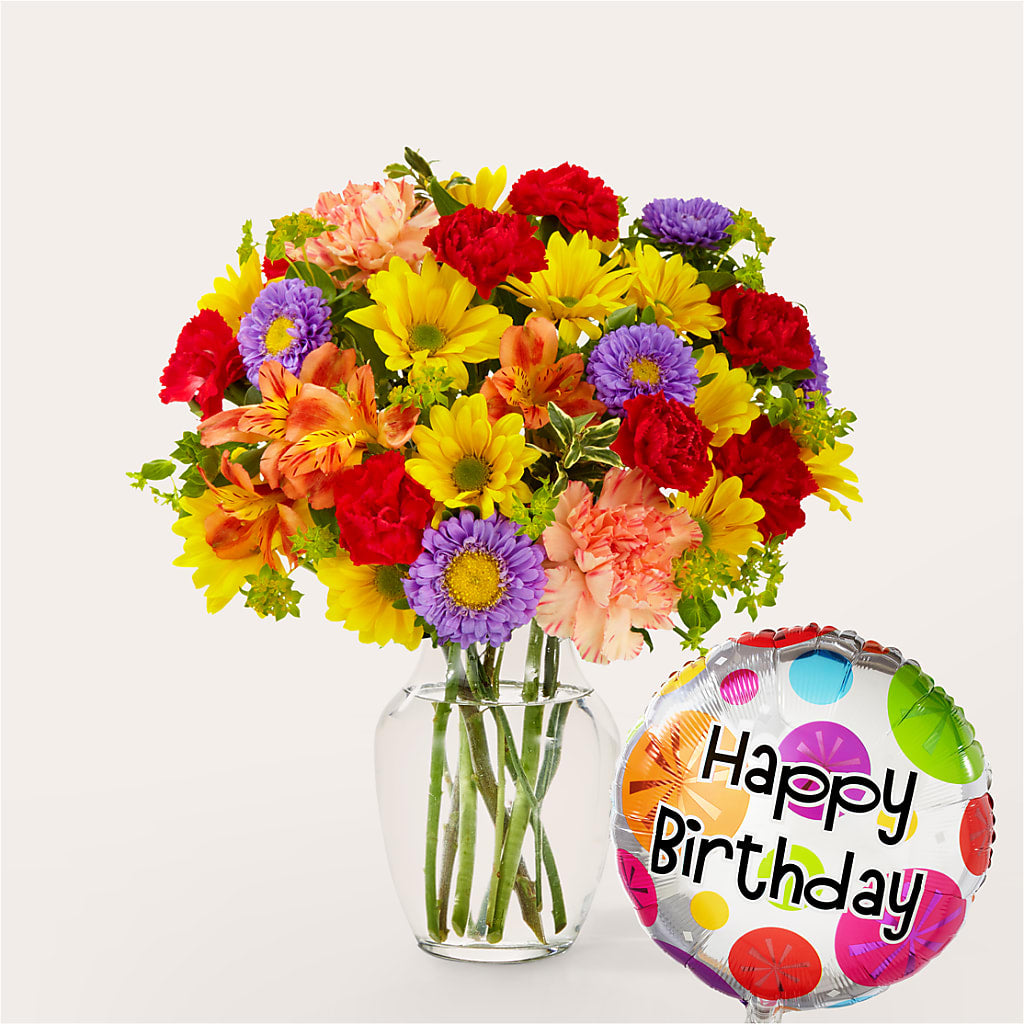 Kaleidoscope Bouquet with Birthday Balloon – Morgan Hill Florist, San Jose CA