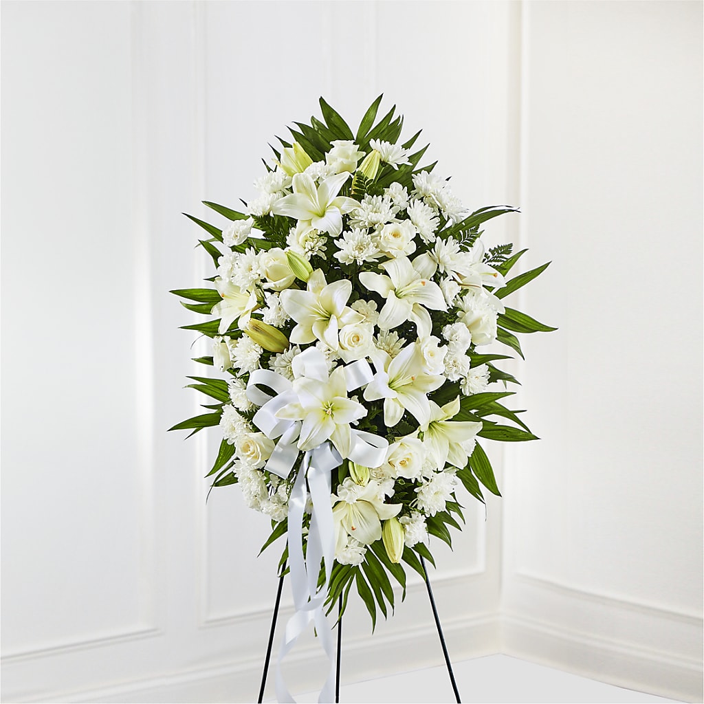 Exquisite Tribute Standing Spray-White Ribbon – Morgan Hill Florist, San Jose CA