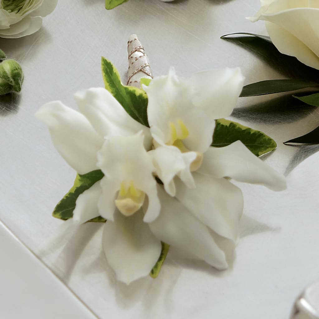 White Mini Cymbidium Boutonniere – Morgan Hill Florist, San Jose CA